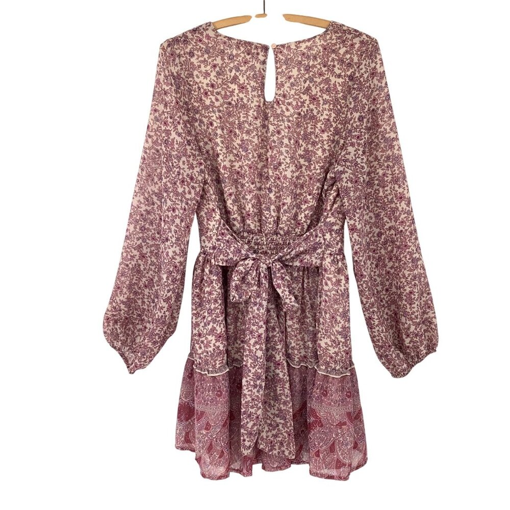 Japna Floral Boho Mini Dress XL Long Sleeve Tie Back Casual to Party Peasant - Picture 2 of 4